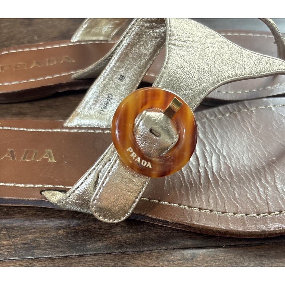 Prada Gold Leather Thong Sandals Women’s Size 38 Logo Buckle - Picture 4 of 8